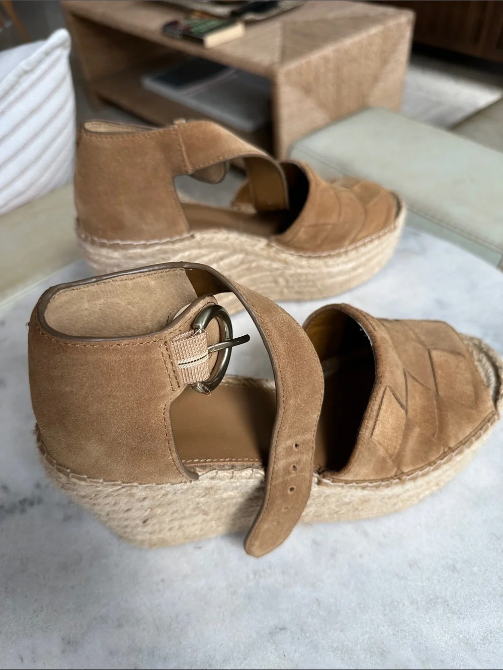 Suede Espadrille Wedge Sandals in Tan with Ankle Strap